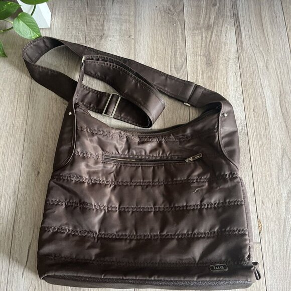 Lug Womens Puffer Large Satchel Crossbody Bag Purse Brown Nylon EUC - Picture 1 of 8